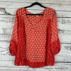 Womens Lucky Brand Coral White Print Boho Silky Sheer 3/4 Sleeve Flowy Blouse 1X